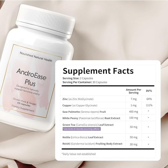 Nourished AndroEase Plus for Women’s Health - Zinc, Reishi, Green Tea and Saw Palmetto for Women - for Energy, Vitality, Facial Hair and Daily Wellness - 360 Capsules, Made in USA