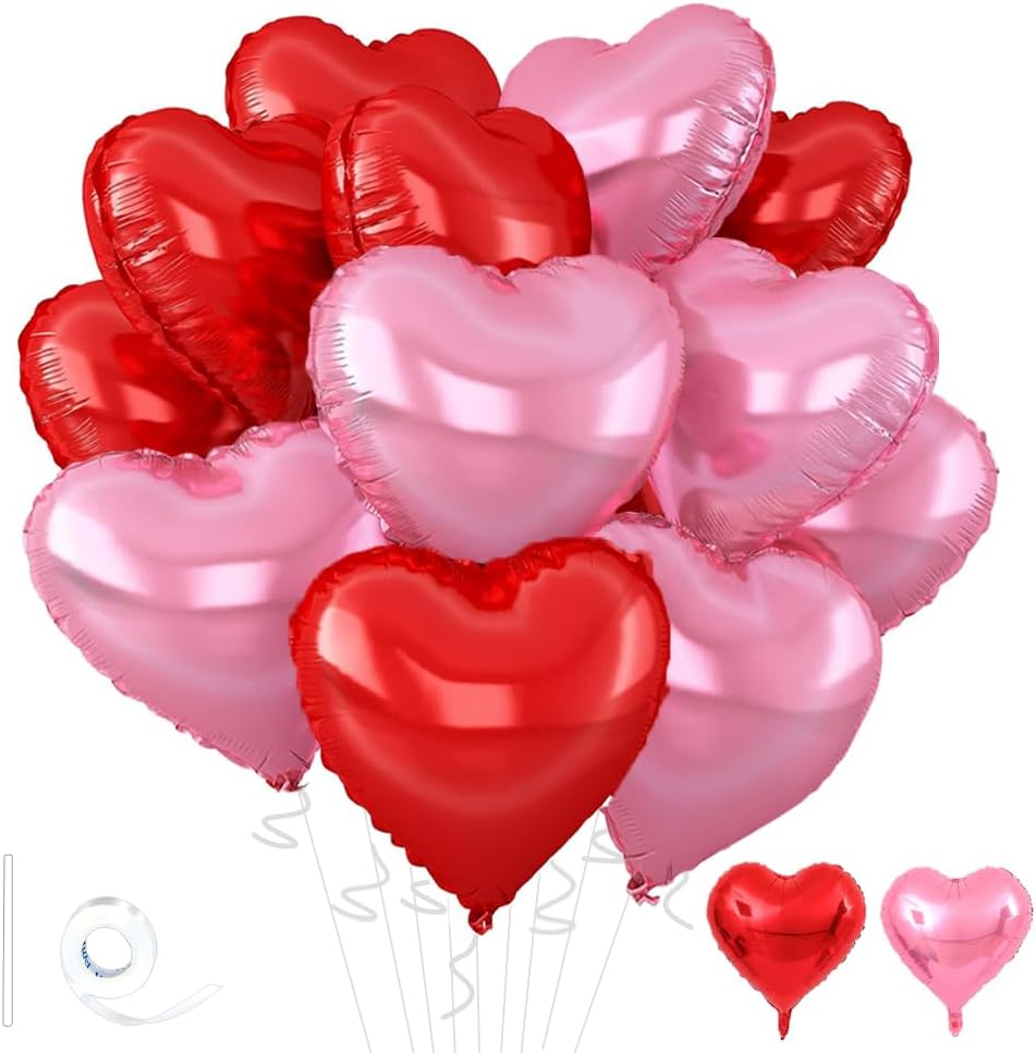 18inch Pink Heart Balloons,6Pcs Bright Pink Heart Shaped Foil Balloons & 6Pcs Red Helium Mylar Balloon for Anniversary Wedding Engagement Birthday Party Baby Shower Decorations(12Pcs)