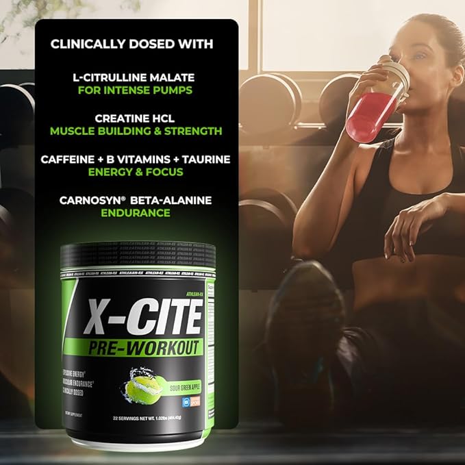 X-CITE Pre-Workout by ATHLEAN-X - Enhanced Formula with Beta-Alanine, Creatine & Caffeine for Ultimate Energy, Endurance, Focus & Muscle Pump, NSF Certified for Sports (22 Servings, Sour Green Apple)