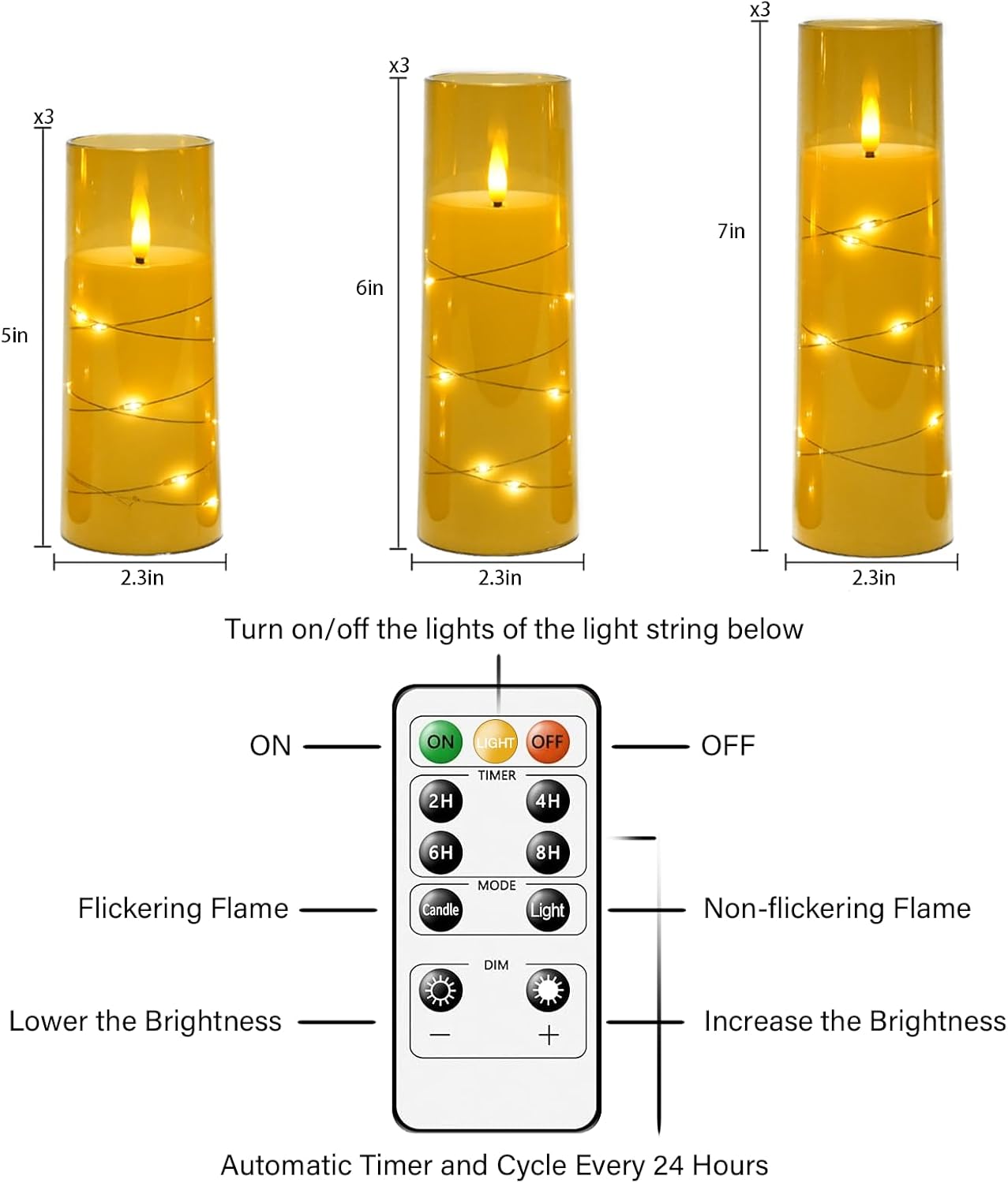 Flickering Flameless LED Candles,Battery Operated Candles 9 Pcs with Embedded Star String,Acrylic LED Pillar Candles with Remote,Suitable for Home Decoration to Create an Atmosphere（Gold）