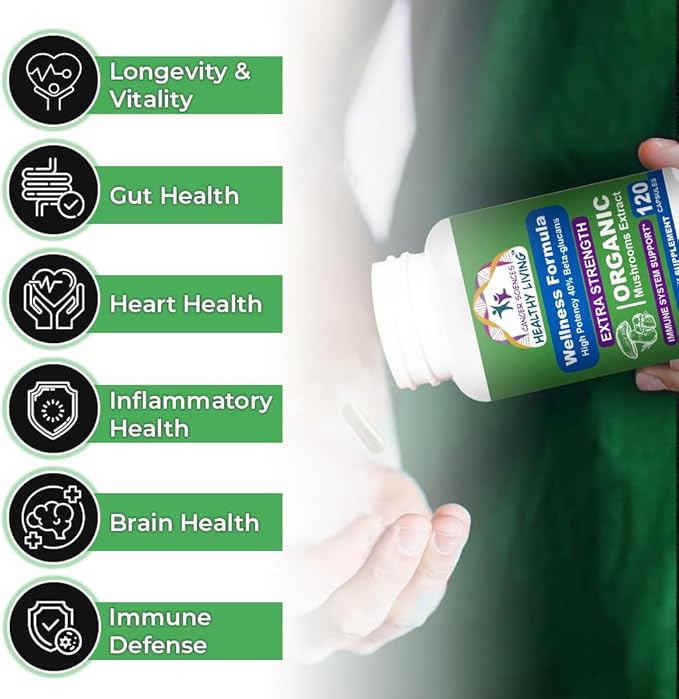 Cancer Sciences Organic Mushroom Supplement Capsules - 1,500mg Non-GMO Wellness Mushroom Complex 40% Beta-Glucans -Turkey Tail, Reishi, Cordyceps, Chaga Extract for Brain & Immune Support 120 Capsules