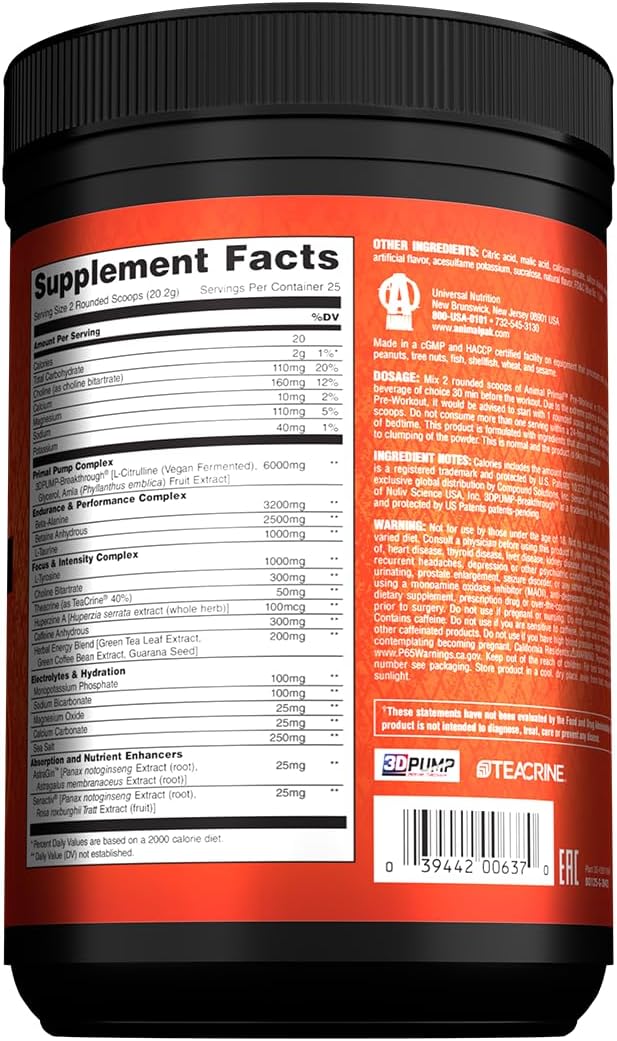 Animal Primal Muscle Hydration + Preworkout Powder – Contains Beta Alanine, 3DPump, Caffeine & Electrolytes – Improves Energy, Focus, Endurance & Absorption – New Candy Crush’d Flavor, 17.8 oz