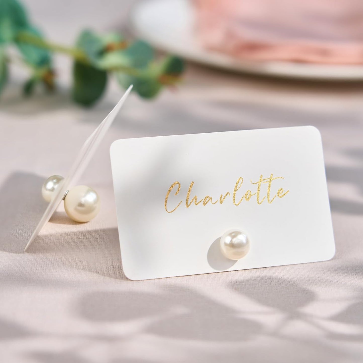 UNIQOOO 12Pcs Decorative Pearl Place Card Holders Bulk, Elegant Ivory Name Card Stands Set, for Wedding Table Place Cards, Dessert Table Decor, Retail Shop, Business Card, Name Tag, Party Food Signs