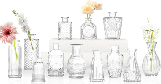 Bud Vases Set of 12,Glass Bud Vases in Bulk,Small Flower Vases for Centerpieces,Mini Vintage Vase for Wedding, Home Table Decor,Christmas,Party Decoration,Clear