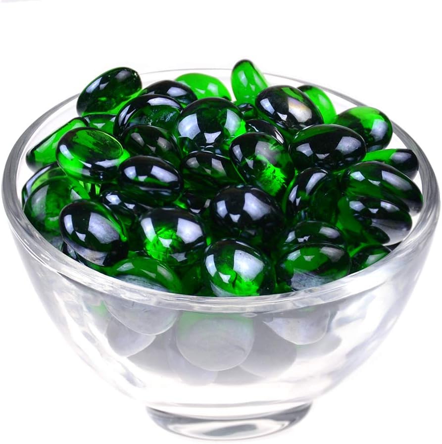 KINGOU Flat Glass Gems/Marbles/Stones/Beads for Vase Filler, Table Scatter, Games - 1 Lbs (17-19mm, Approx. 3/4")-Green