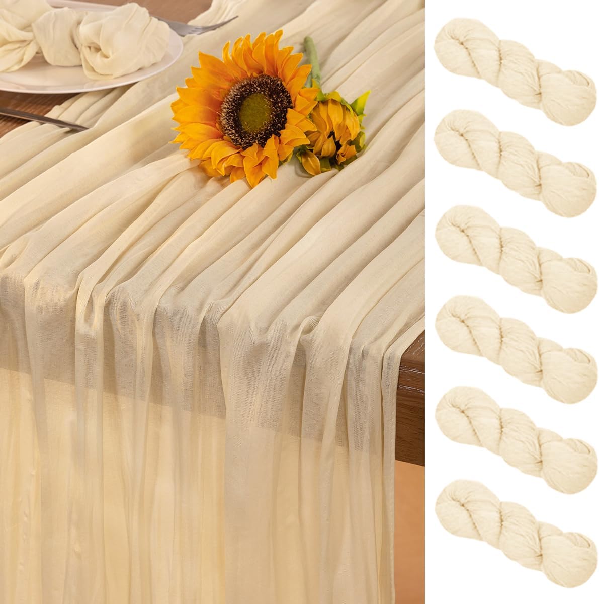 Beige Cheesecloth Table Runner 6 Pack Fall Table Runners 120 Inches Boho Gauze Cream Cheese Cloth Fall Table Decorations for Thanksgiving Wedding Bridal Baby Shower Garden Party Decor