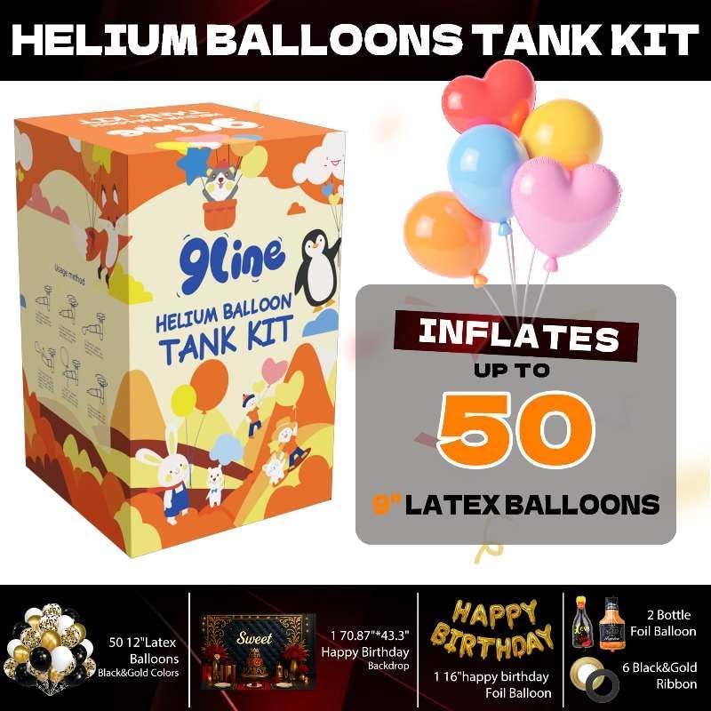 9Line 13L Helium Tank Up To 50 Latex Balloons,Helium Tank For Balloons At Home, 5012-lnch Black&Gold Latex Balloons, 15 Foil Balloons, 1 Happy Birthday 5.9X3.6Ft Backdrop, 8 Accessory Tools