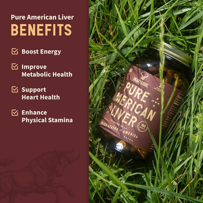 HEART & SOIL – American Liver Supplement – 3000mg Grass-Fed Beef Liver, Rich in Vitamin A, B12, Iron & Peptides – Non-GMO, Allergen-Free – 180 Capsules