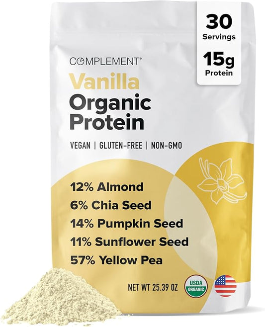 Complement Organic Vanilla Vegan Protein Powder (30 Servings) Low Carb, Low Calorie, Sugar Free, Soy Free, Non-GMO, Gluten Free, Non Dairy- Yellow Pea, Pumpkin Seed- 15g Plant Based Protein Powder
