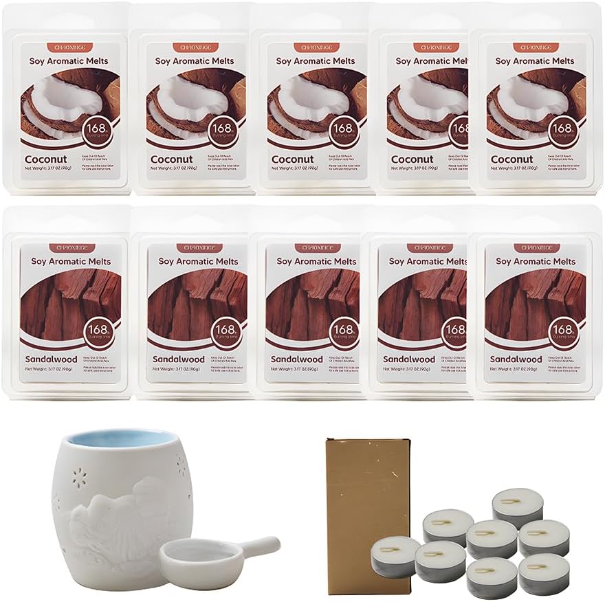 10-Pack Aromatherapy Wax Melts, Two Scent Combo | Wax Warmer & 8 Tealights Included | 90g (3.17 oz) per Pack | Eco-Friendly Soy Wax, 8 Scents (Cotton & Ocean Breeze) (Coconut & Sandalwood)