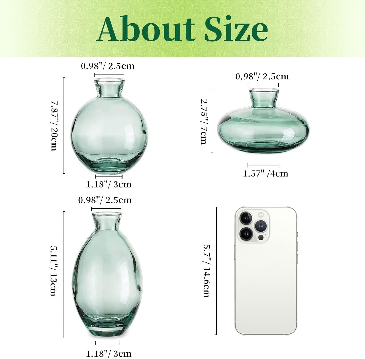 Glass Bud Vases Set of 6, Hewory Cute Green Small Vases Handmade, Mini Glass Flower Vase for Floral Arrangements, Tiny Centerpiece for Home Office Wedding Party Events Table Decor (Not Include Flower)