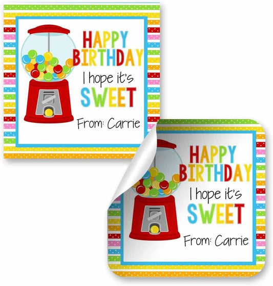Custom & Personalized Sweet Gumball Happy Birthday Gift Tag Sticker Labels, 24 2.5" Square Stickers by Amanda Creation