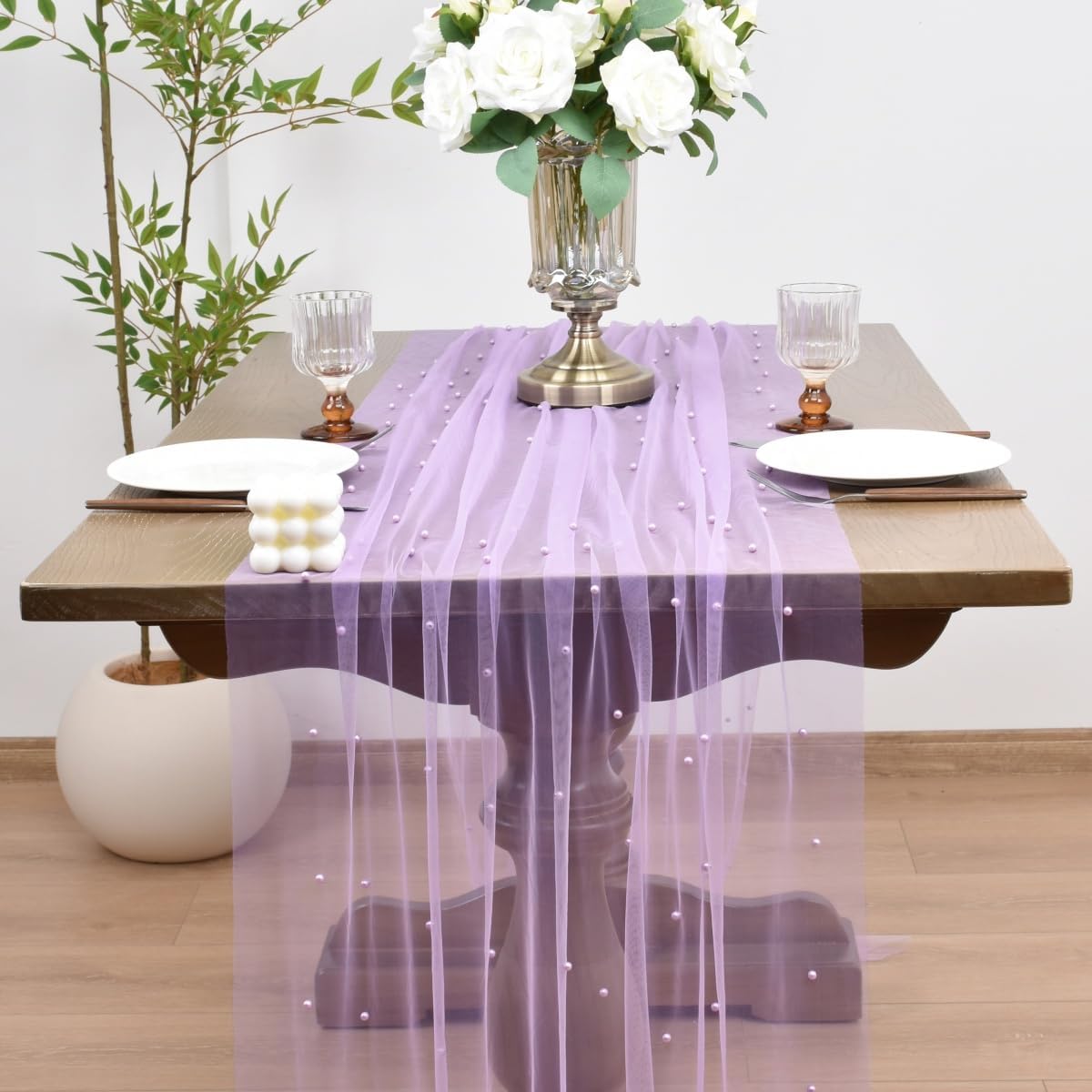 Joanlody Fall Pearl Table Runner 10ft Rustic Boho Tulle Table Runner with Pearls for Baby Shower Wedding Party Veil Dessert Thanksgiving Table Decor Lilac 4pcs