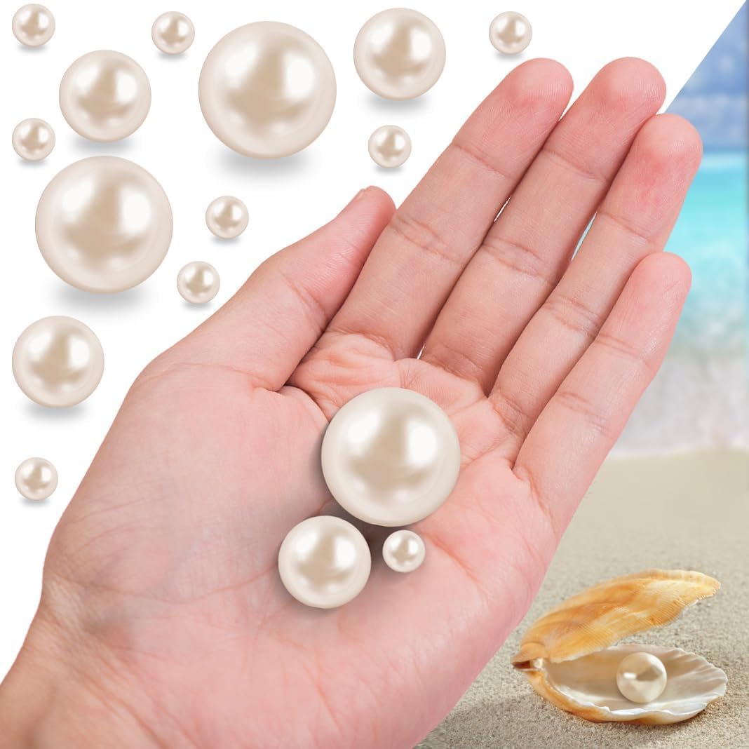 300Pcs Cream Polished No Hole Faux Pearl Beads for Vase Filling Decorations, Plastic Pearls Vase Fillers, Table Scatters, Wedding Centerpiece, Home Decor, 8/14/20 mm