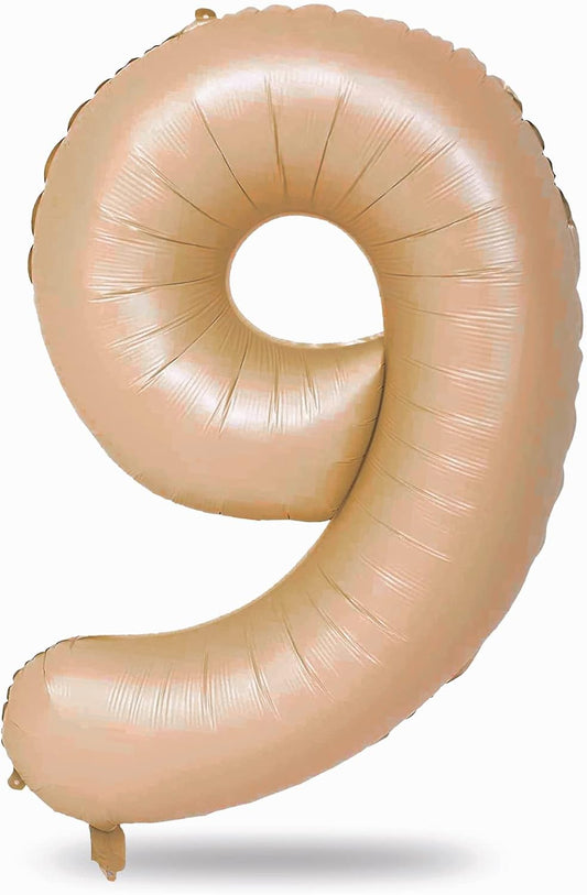 Nude Number 9 Balloons, 40 Inch Neutral 9th Birthday Foil Balloon for Boys Girls, Tan Giant Self Inflating Helium Mylar Foil Number Balloons 0-9 for Women Men Anniversary Party Decorations Supplies