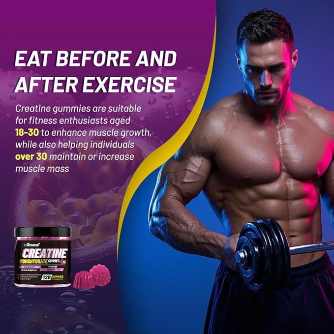 Creatine Monohydrate Gummies 6g for Men & Women, Potent Creatine Supplement, Chewables Creatine for Energy Boost, Increase Strength and Build Muscle, Gluten-Free, Sugar Free,120 Count