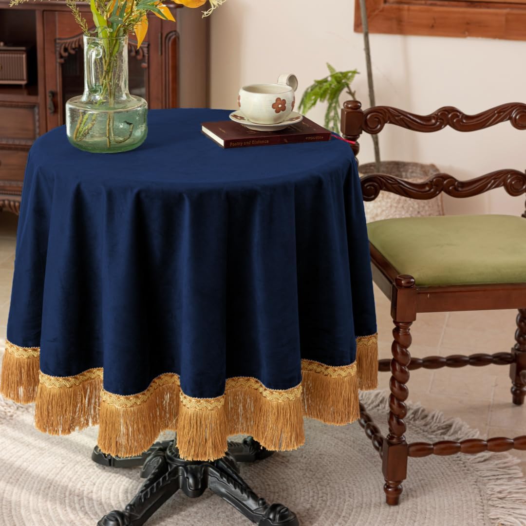 F-CHU Blue Tablecloth Thickset Velvet Tablecloth with Beautiful Gold Tassels Vintage Table Cloth for Home Decor Wedding, Party, Banquet and Events 60" Round