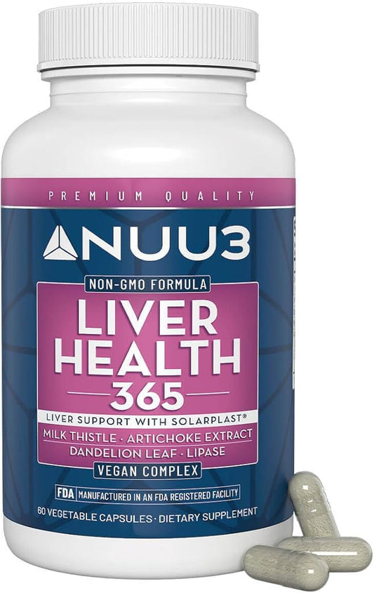 NUU3 Liver Health 365 - Liver Cleanse & Detox Support Supplement - Milk Thistle, Artichoke, Dandelion, Solarplast, Lipase & Protease Enzymes - Aid Tissue Regeneration & Bile - 60 Capsules