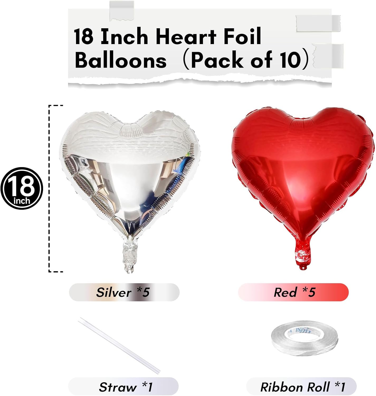 Red Silver Heart Balloons, 18 Inch Red and Silver Heart Balloons Red Silver Valentine Balloons Romantic Party Decoration Red Heart Shape Mylar Balloons for Valentines Day Birthday Wedding Pack of 10
