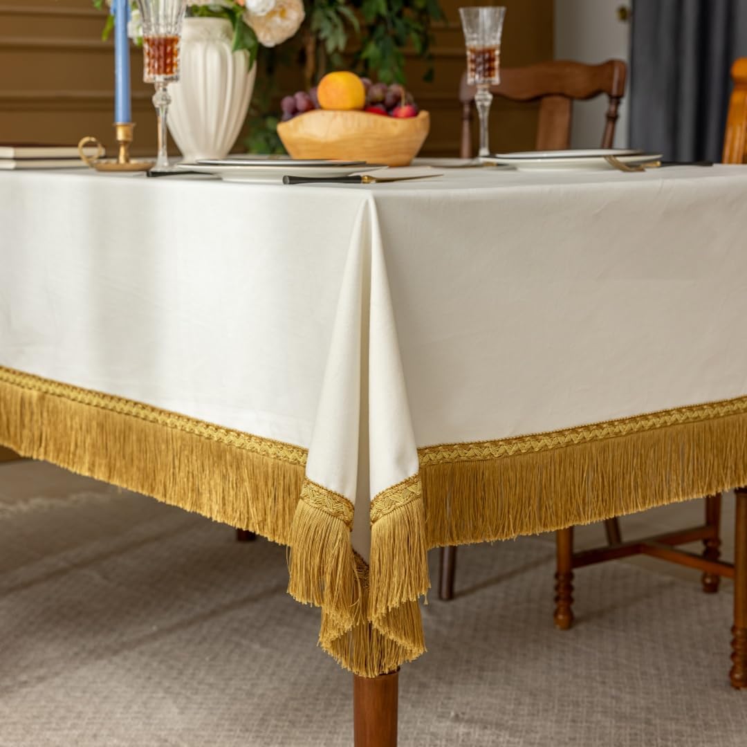 F-CHU White Tablecloth Thickset Velvet Tablecloth with Beautiful Gold Tassels Vintage Table Cloth for Home Decor Wedding, Party, Banquet and Events 60x60-Inch