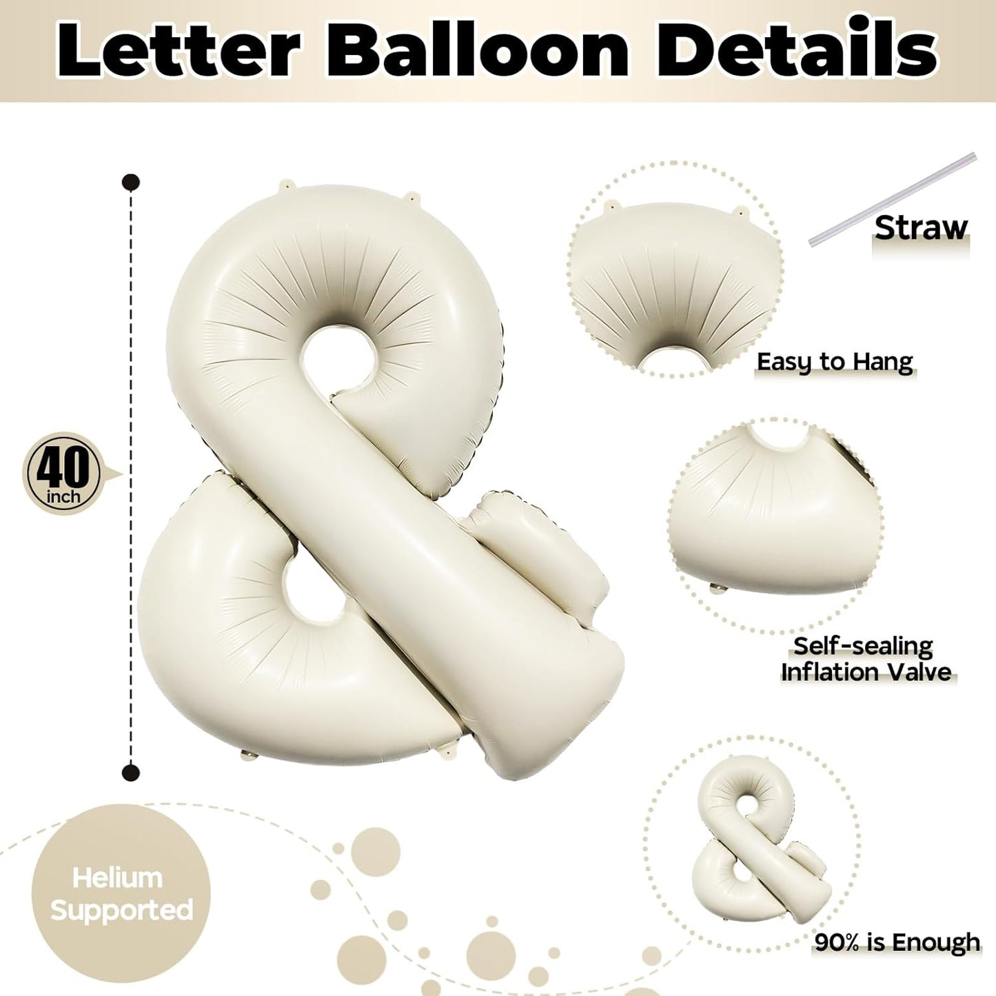 40 Inch Cream Giant Custom Alphabet & Foil Name Balloons - Ivory White, Mylar Self Inflating Beige Letters & Helium Letter Balloons for Women Girls Birthday Party Decorations