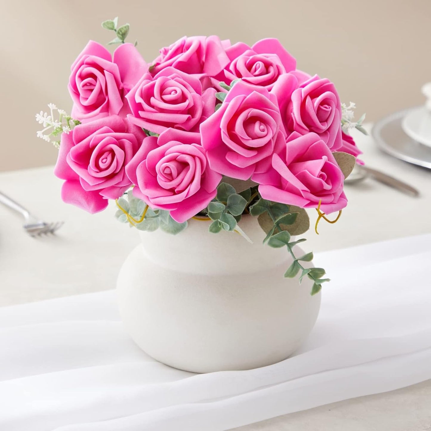 Juvale Artificial Roses - 3 in Heads, 100-Pack, Hot Pink - Faux Flowers for Vase & Wedding Decor - Centerpiece Table Decorations & Bridal Bouquet