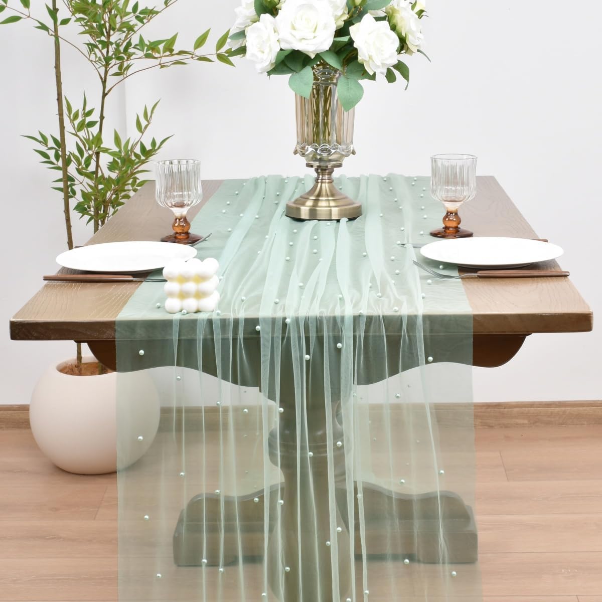 Joanlody Fall Pearl Table Runner 10ft Rustic Boho Tulle Table Runner with Pearls for Baby Shower Wedding Party Veil Dessert Thanksgiving Table Decor Sage Green 4pcs