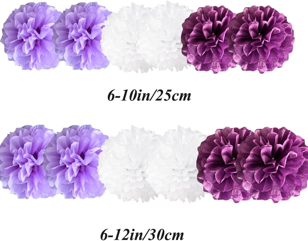 12pcs 10in 12in White Purple Paper Pom Poms Tissue Paper Flower Hanging Paper Flower Balls Wedding Party Flower Decorations DIY Art Craft Blooms for Birthday Baby shower nursery decor