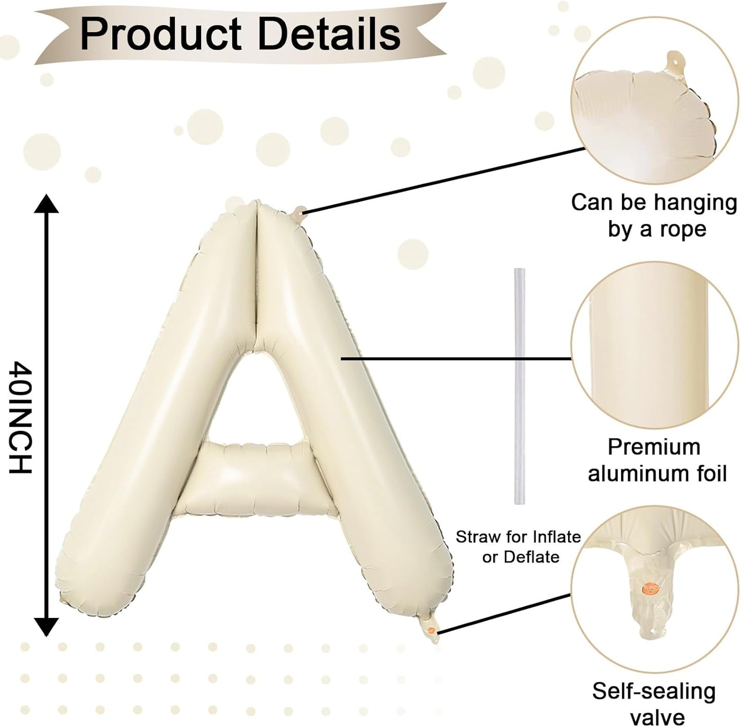 40 Inch Letter Balloons A, Big Custom A-Z Alphabet Foil Name Balloon Cream White, Self Inflating Beige Customize Helium Balloon Letters A for Women Girls Birthday Bride Baby Shower Party Decorations