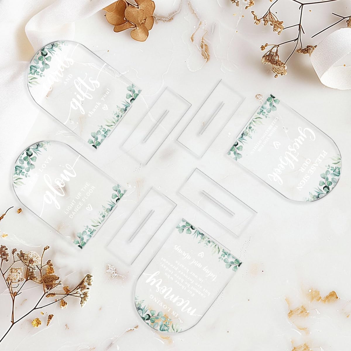 4 Pcs Acrylic Wedding Signs for Reception, Bridal Shower Decorations, Cards and Gifts Signs, Guest Book Sign, Arch Acrylic Table Top Sign with Holder for Wedding Reception (Clear Eucalyptus Leaves)