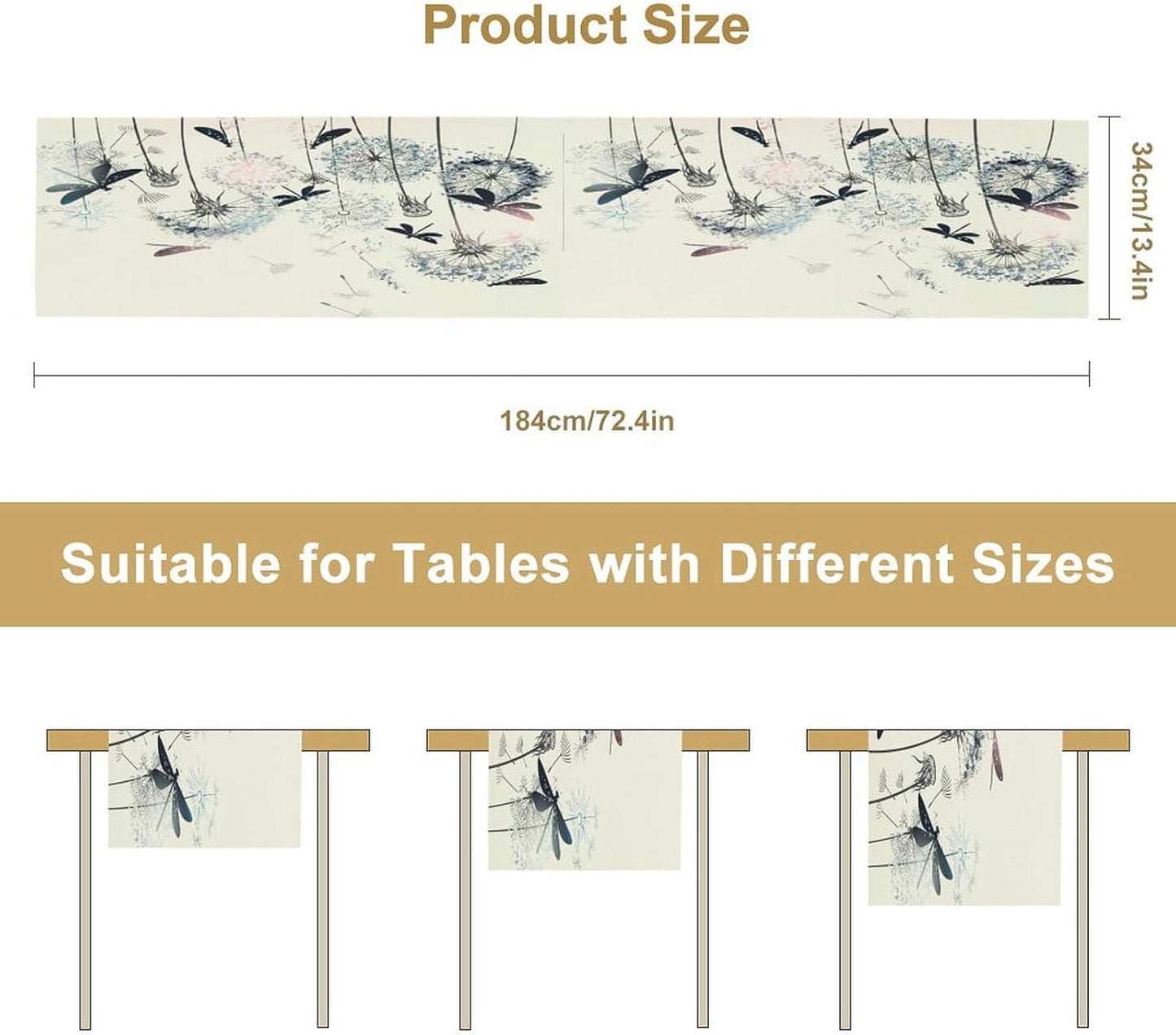 Dandelion Table Runner,Nature Rustic Dragonfly Teal Blue Floral Pattern Print Burlap Tablecloth for Hotel Indoors Outdoor Dining Room Kitchen Table Decor, 13x60in