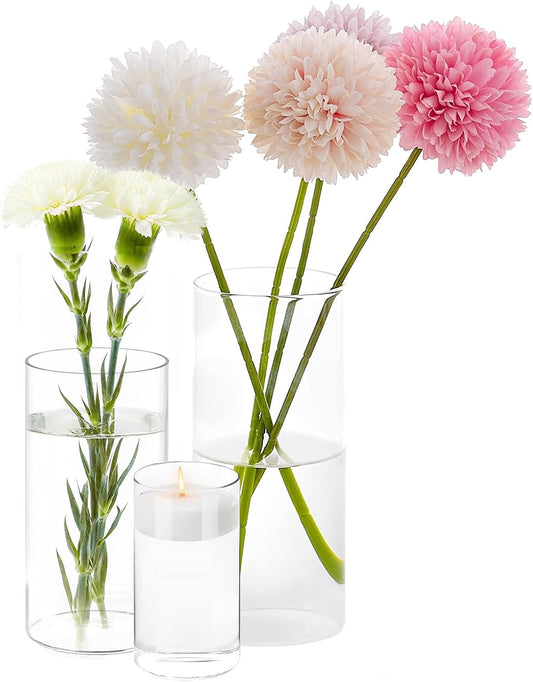 3pcs Glass Vases for Flowers, 4,6,8 Inch Tall Cylinder Vases, Bud Vase and Floating Candle Holder Vase for Wedding & Holiday Centerpieces for Tables, Home Decor, Housewarming Gift