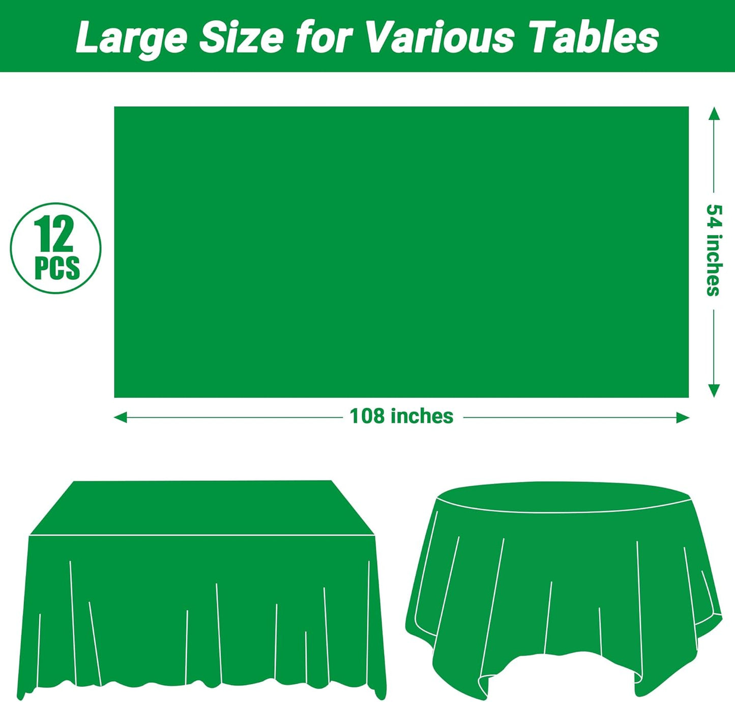 QZYL 12 PCS Disposable Plastic Table Cover, 54 X 108 in Large Table Cloth Rectangle, Green Plastic Tablecloth, Decorative Smooth Tablecloth for Parties Weddings Picnics Outdoor Events