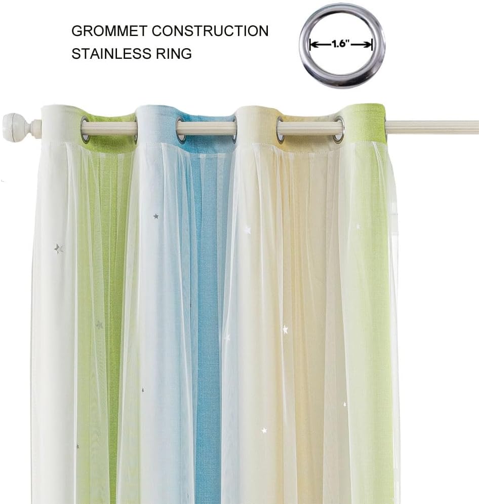 FANLI Ombre Rainbow Blackout Curtains for Kid Girls Bedroom Living Room Darking Stripe Double Layer Star Cut Out Wall Home Decor Gradient Grommet Window Curtains （Blue Green 52Wx63L）