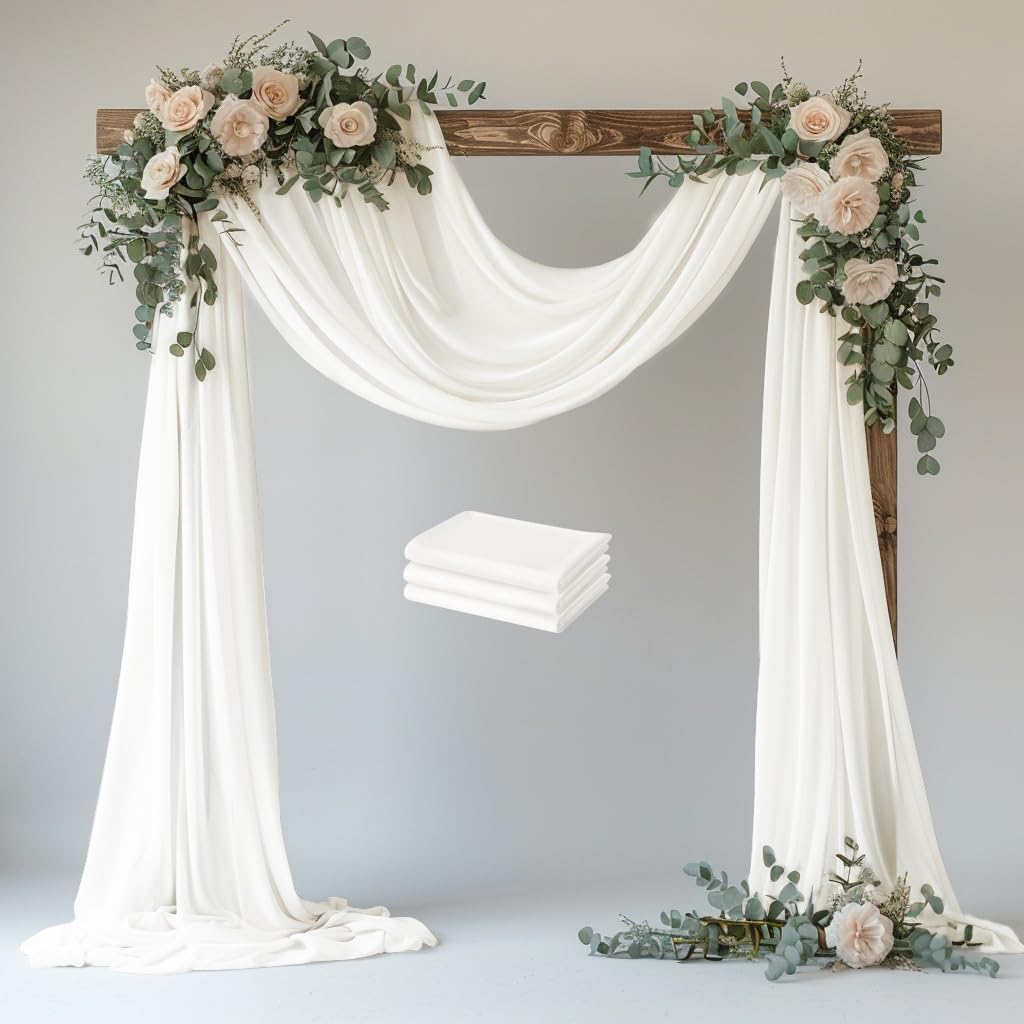 Wedding Arch Draping Fabric 3 Panels 28.7" x 20FT Ivory Sheer Chiffon Backdrop Drapes for Wedding Ceremony Birthday Party Bridal Shower Outdoor Decoration