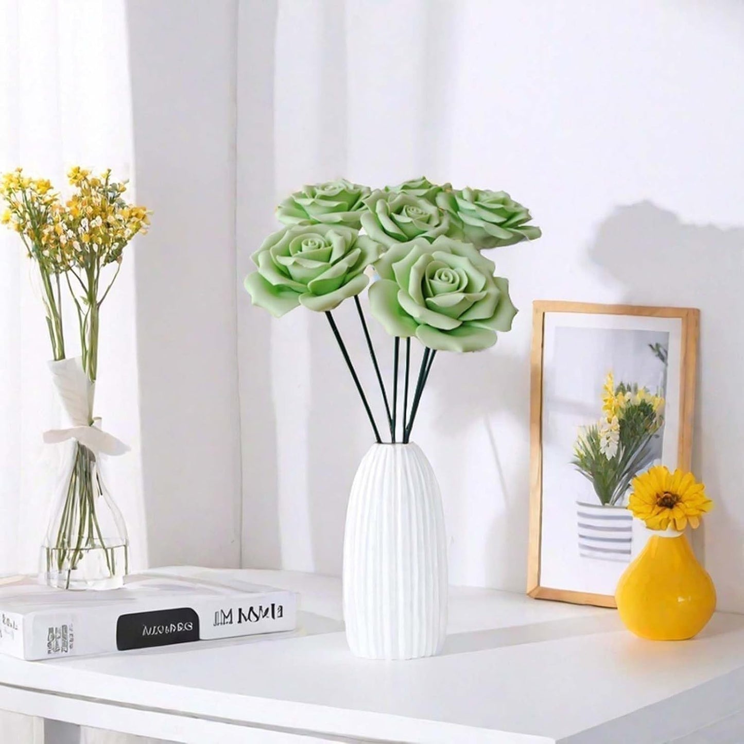 6 pcs Handmade Ceramic Roses,Featuring Vibrant Colors and Intricate Petal Details Floral Decorations Wedding Decoration Christmas Decor Gift Providing Long-Lasting Beauty (Green)