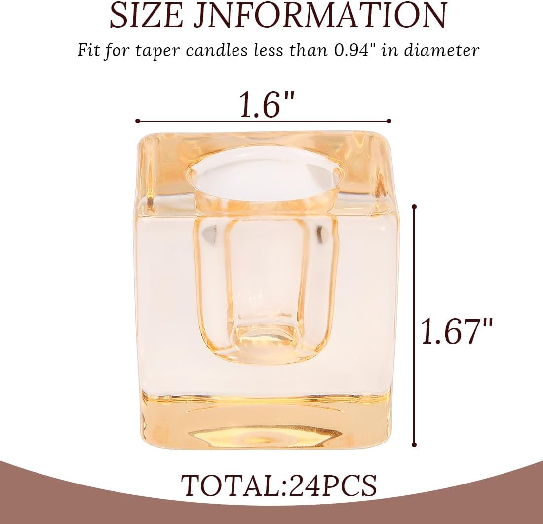 24-Pack Candlestick Holders Bulk - Thick Glass, Amber Taper Candle Holders for Wedding Banquet, Anniversaries