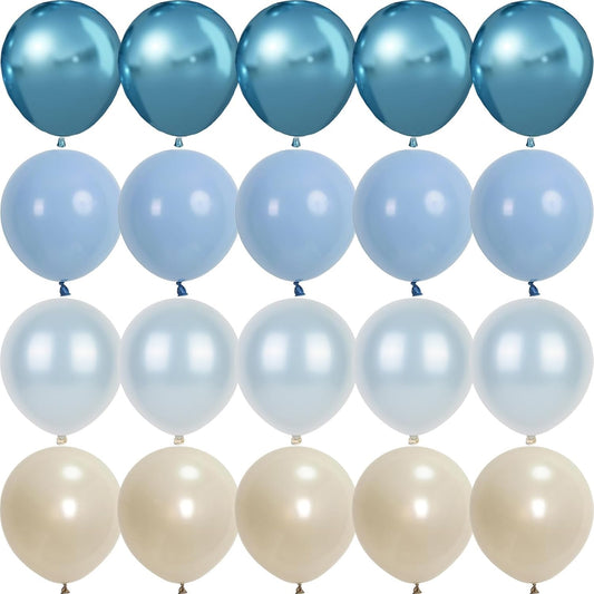 Dusty Blue and White Balloons, Double Stuffed Pearl Light Baby Metallic Chrome Slate Blue Pearl Sand White Balloons, 50pcs 12 Inch Latex Balloon for Baby Shower Birthday Bridal Shower Wedding Decor