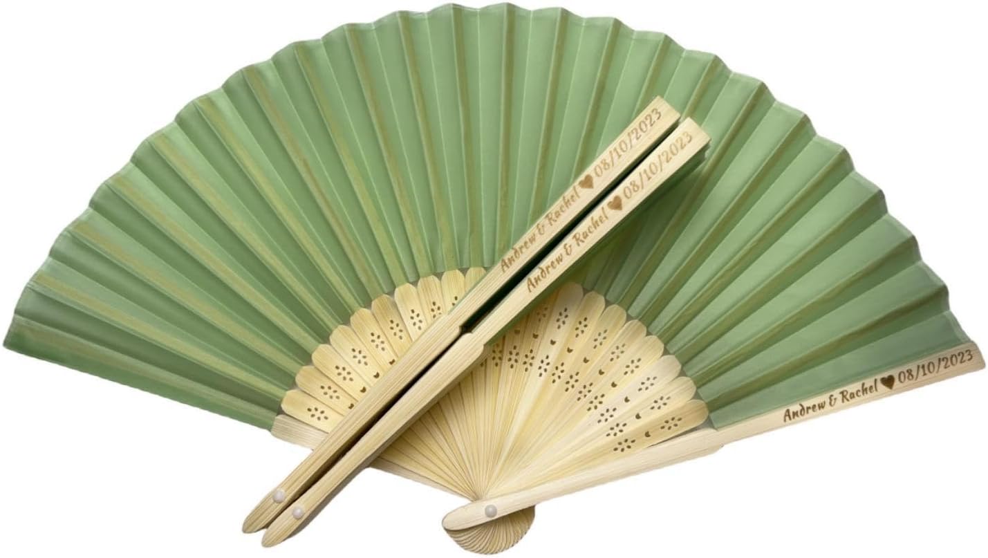 Personalized Wedding Fans Handheld Folding Fans (60Pcs) - Custom Engraved Green Silk Fans for Bridal Shower Favor/Baby Shower Favor, Birthdays Party Gifts/Gifts for Party Guests