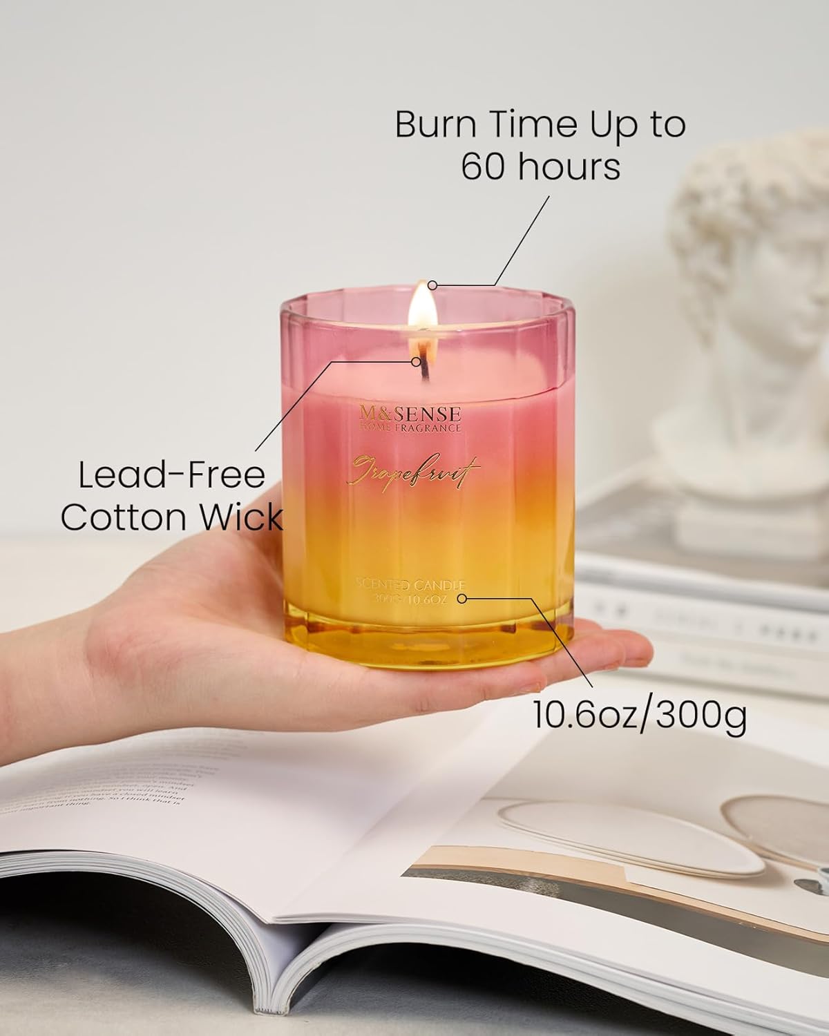 M&SENSE Grapefruit Scented Candles for Home, 10.6oz 60 Hours Non Toxic Natural Soy Candles in Glass Long Lasting Slow Burning, Unique Luxury Gifts Cozy Room Decor for Women Men