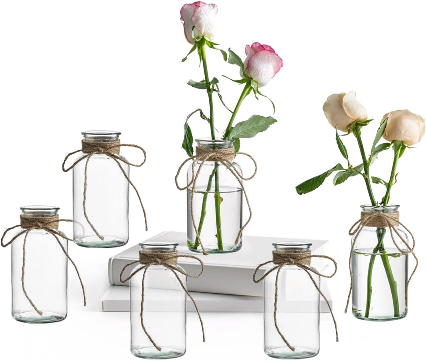 Vintage Glass Vases, Mason Jars for Centerpieces, Farmhouse Mason Jar Vase with Rope Design, Centerpiece Vases for Table, Wedding & Home Decor (6)