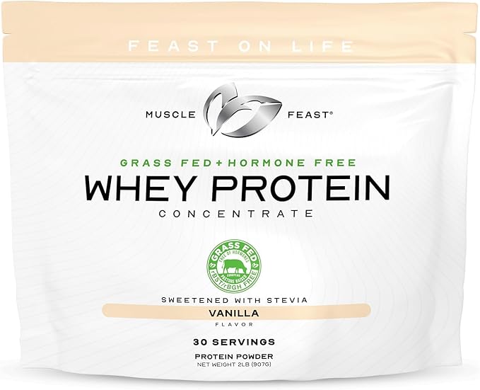 Muscle Feast Grass-Fed Whey Protein Concentrate Powder, All Natural, Hormone Free Pasture Raised Whey Protein Powder for Women & Men, Clean, Non-GMO & Gluten Free Whey Concentrate - Vanilla, 2lb