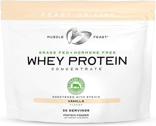 Muscle Feast Grass-Fed Whey Protein Concentrate Powder, All Natural, Hormone Free Pasture Raised Whey Protein Powder for Women & Men, Clean, Non-GMO & Gluten Free Whey Concentrate - Vanilla, 2lb