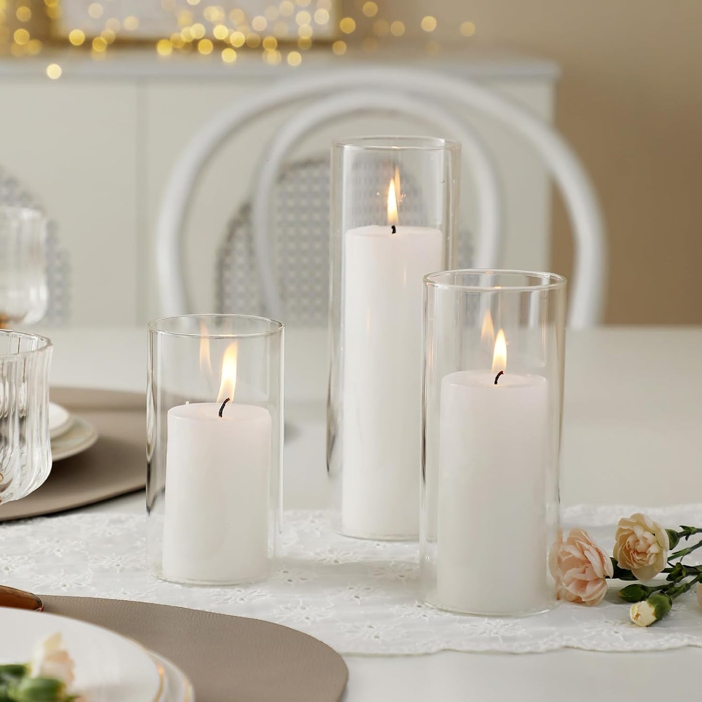 UDU Set of 12 White Pillar Candles and 12 Glass Cylinder Vases Hurricane Holders, Slim Pillar Candle Holder, Cylinder Vases for Centerpieces Wedding Table Party Home Decor(2.6" X 4.7", 5.9", 7.9")