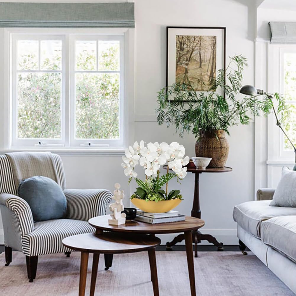 Briful Orchid Fake Flowers 18in White Artificial Orchid Silk Flowers in Gold Pot Faux Orchid Arrangement for Home Office Bathroom Dining Table Modern Decoration