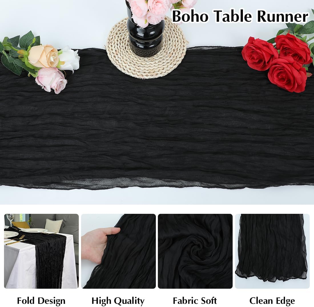 Black Cheesecloth Table Runner -21*120Inch Long Boho Wedding Table Decor, Rustic Gauze Fabric Runner for Bridal Showers, Baby Showers & Parties (Sheer, Lightweight, Wrinkled Design)