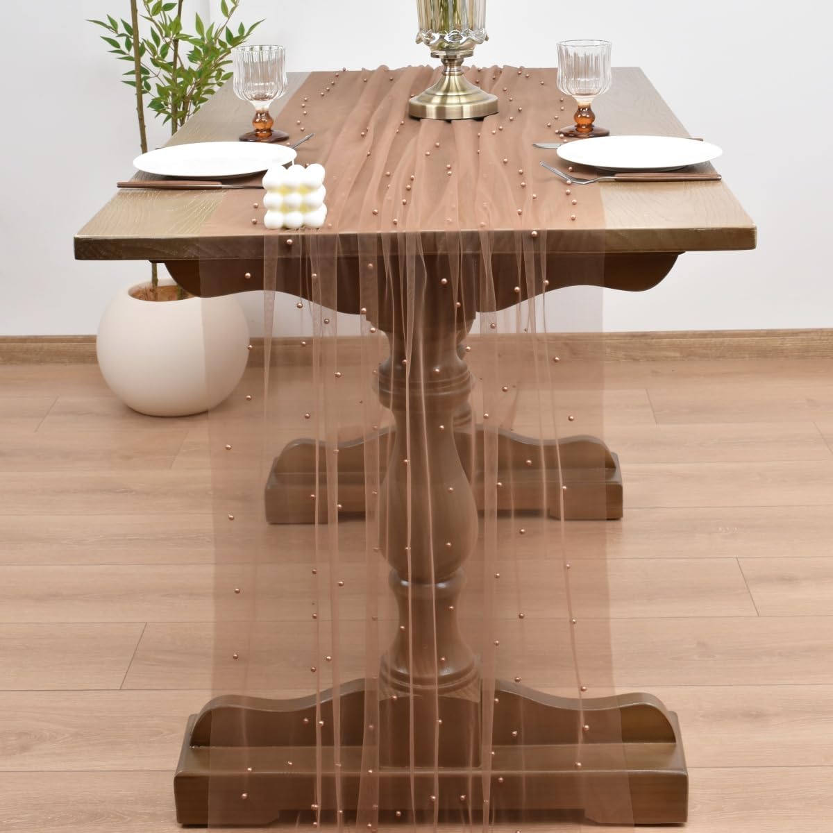 Joanlody Fall Pearl Table Runner 10ft Rustic Boho Tulle Table Runner with Pearls for Baby Shower Wedding Party Veil Dessert Thanksgiving Table Decor Coffee 4pcs