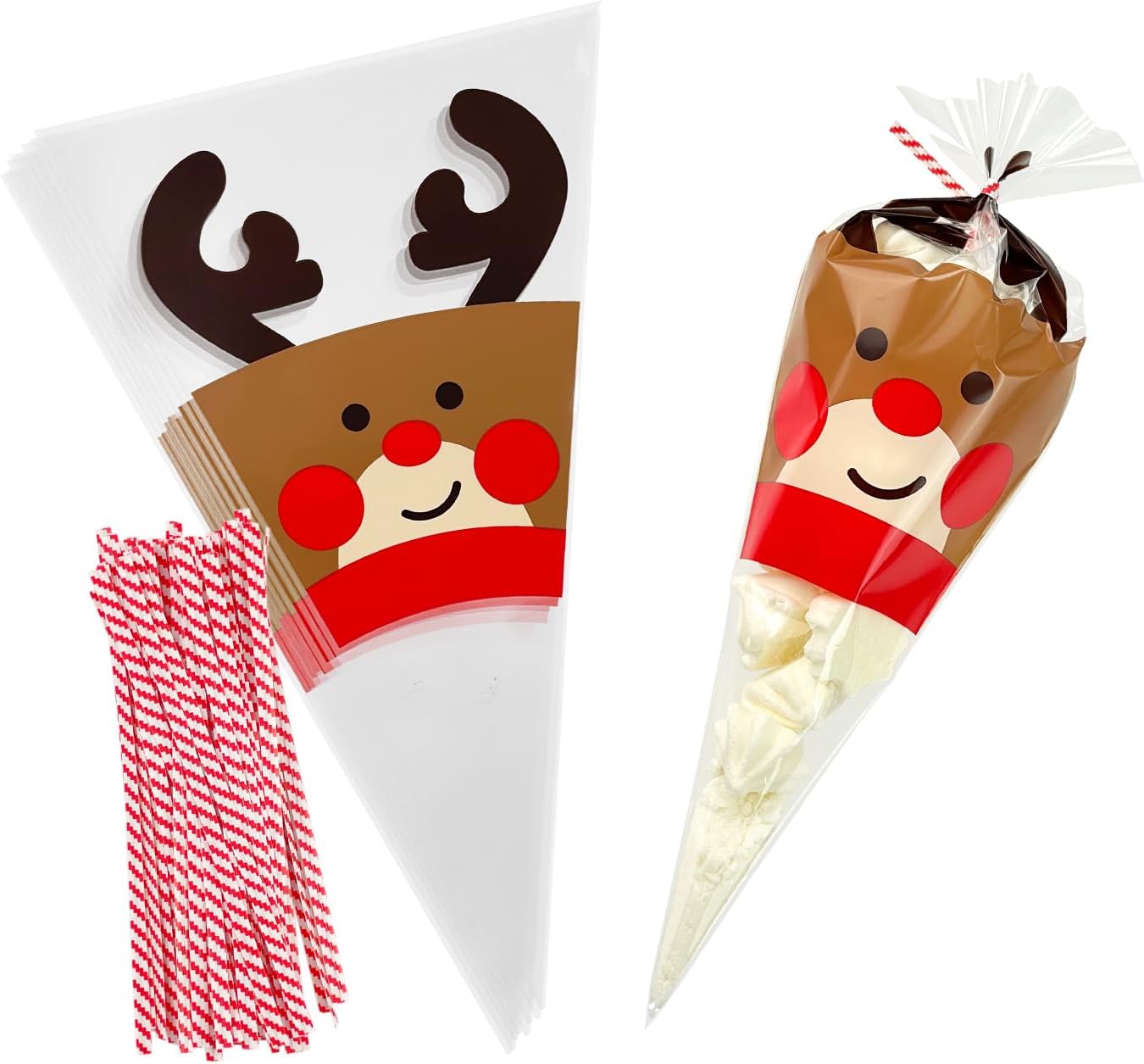 EKAPACKAGING 50Pcs 6x10 Inches Reindeer Print Cone Shaped Treat Bags with Ties, Christmas Clear Cellophane Bags, Party Favor Bags for Popcorn, Cookies, Cotton Candy, Gift, and Pretzel Rod