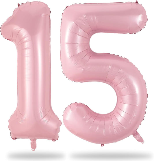 Number 15 Balloon Pastel Pink, Giant Number 1 & 5 Helium Foil Balloon for Girls 15th Birthday Decor, 40 Inch Self Inflating Mylar 15 Balloon Number for Women Anniversary Party Decorations Supplies