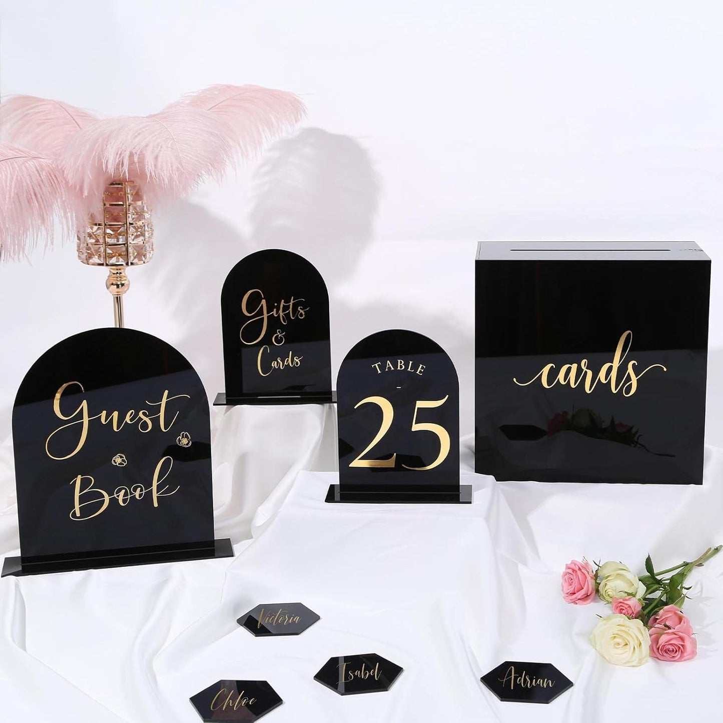 UNIQOOO Black Acrylic Arch Table Sign With Holders, 5x7 inches Wedding Table Numbers, 1/8 Inches Thick, DIY Blank Arched Acrylic Sign for Wedding reception, Centerpiece, Decoration, Event, Set 10